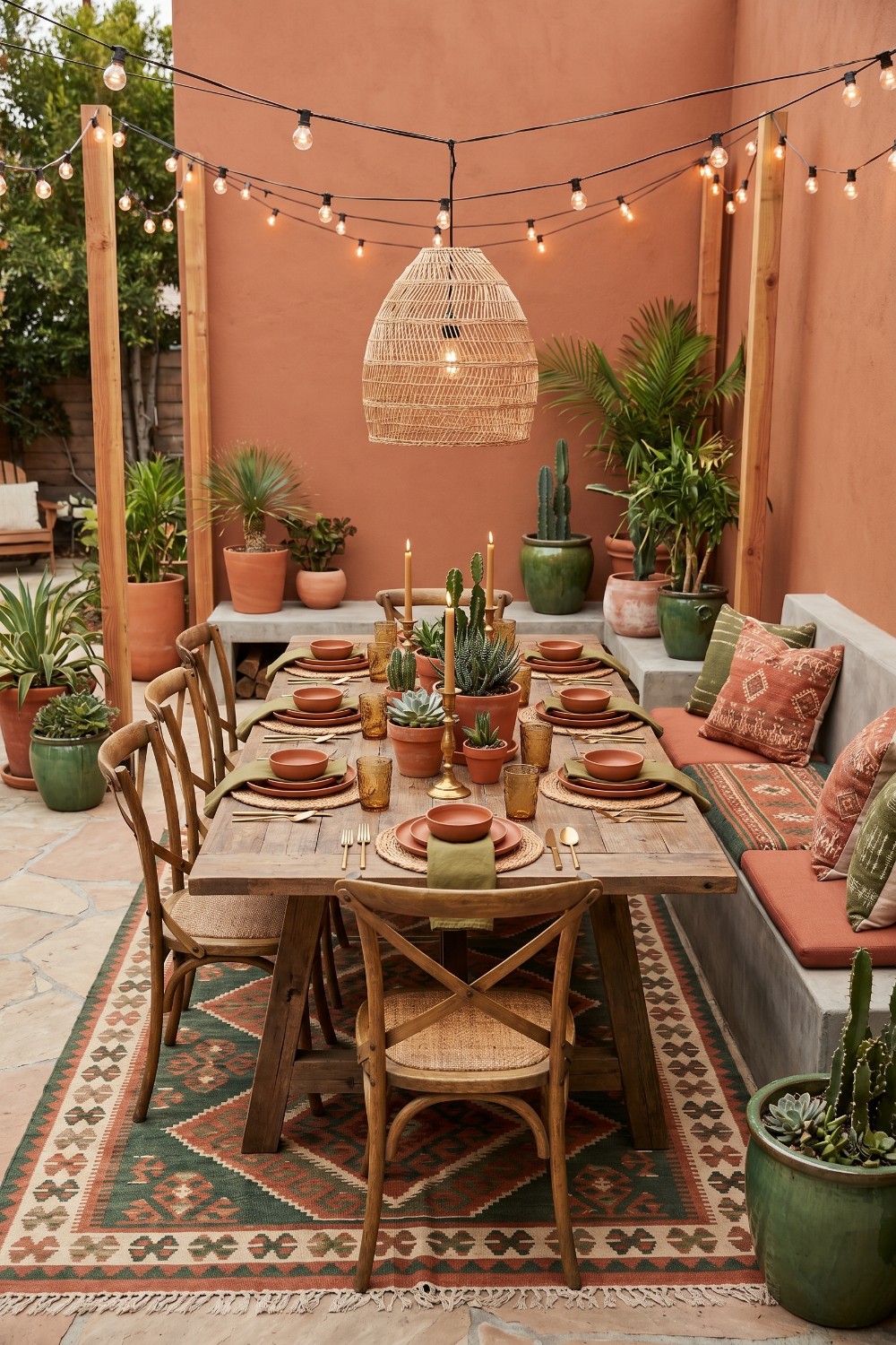 Terracotta patio dining with string lights and succulents