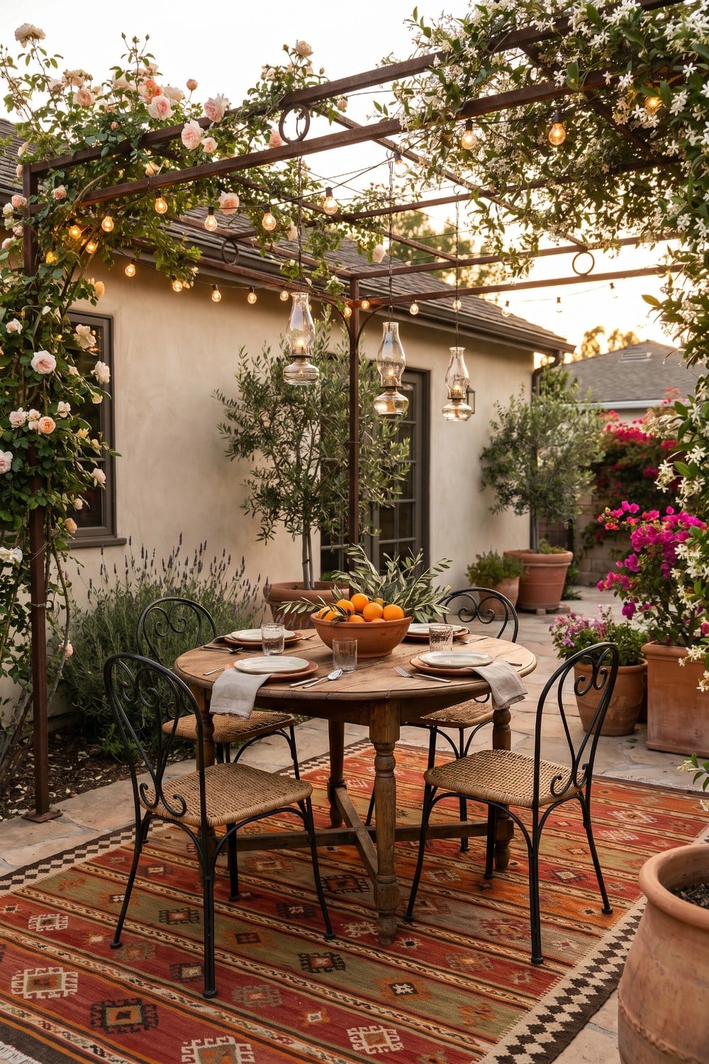 Patio dining with hanging lanterns and climbing roses