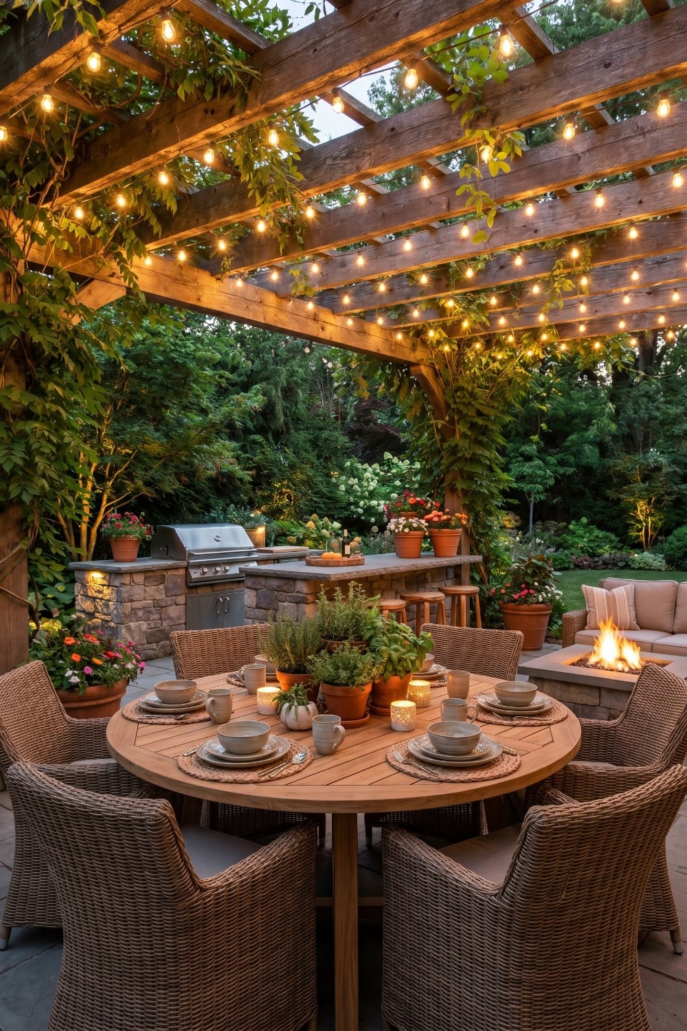 Patio dining with woven chairs and herb centerpieces