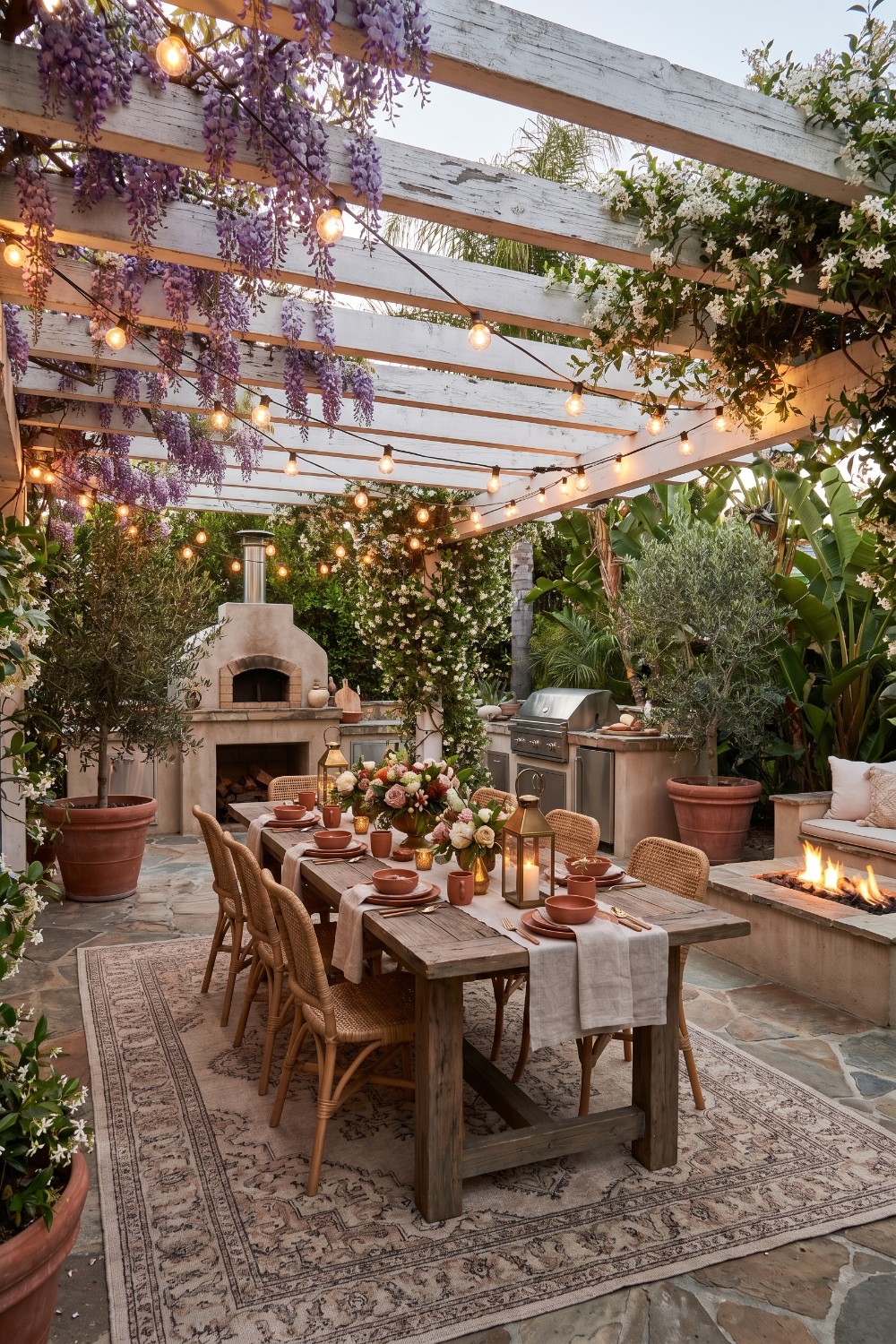 Patio dining with purple wisteria and pizza oven