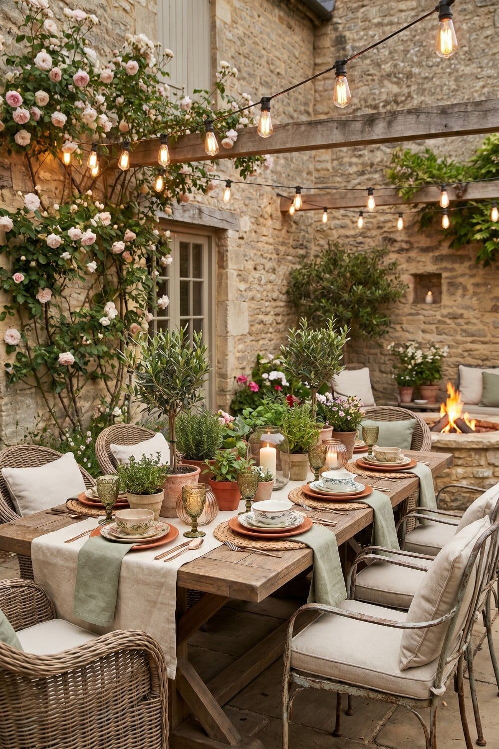 Patio dining with olive trees and fire pit