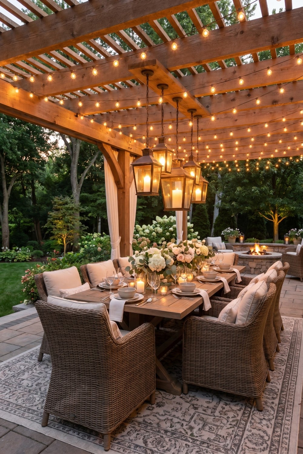 Patio dining with white curtains and lush hydrangeas
