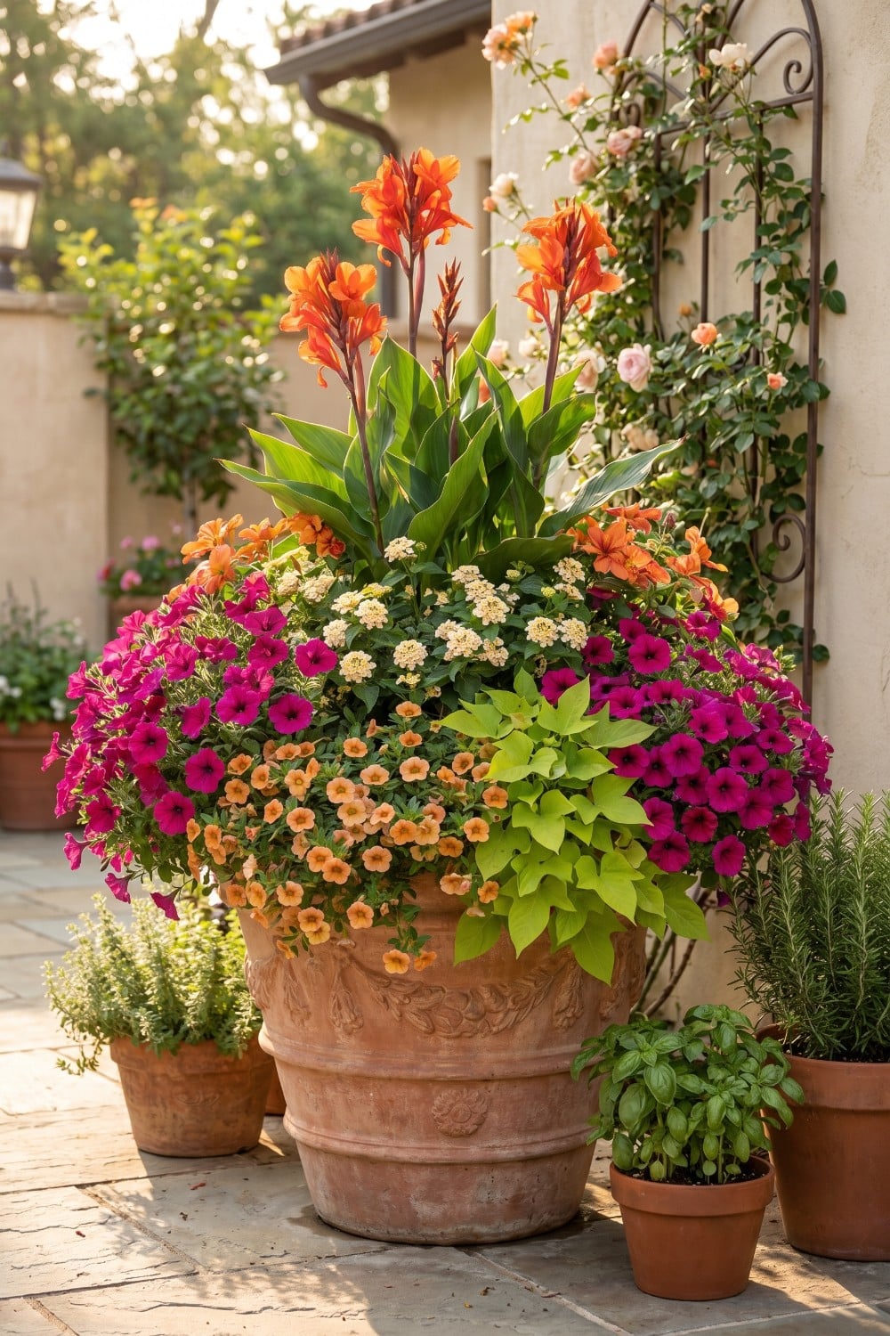 Vibrant Patio Flowers and Towering Orange Canna Lilies
