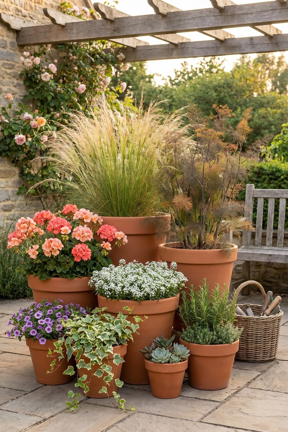 Patio flowers with feathery grasses and succulents
