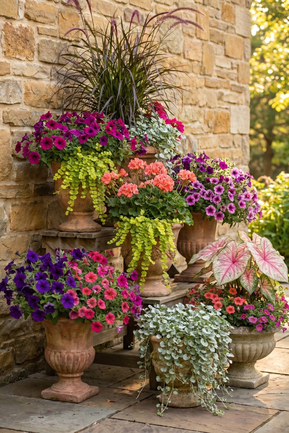 Patio flowers with pink caladium and coral geraniums