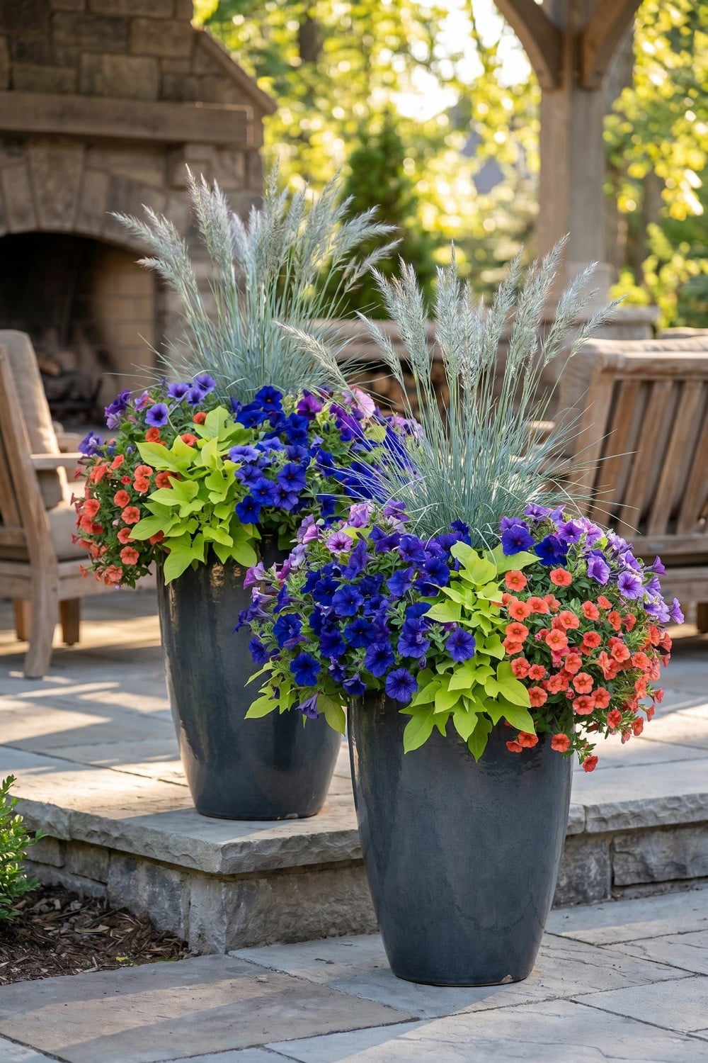 Patio flowers with lime foliage and navy planters