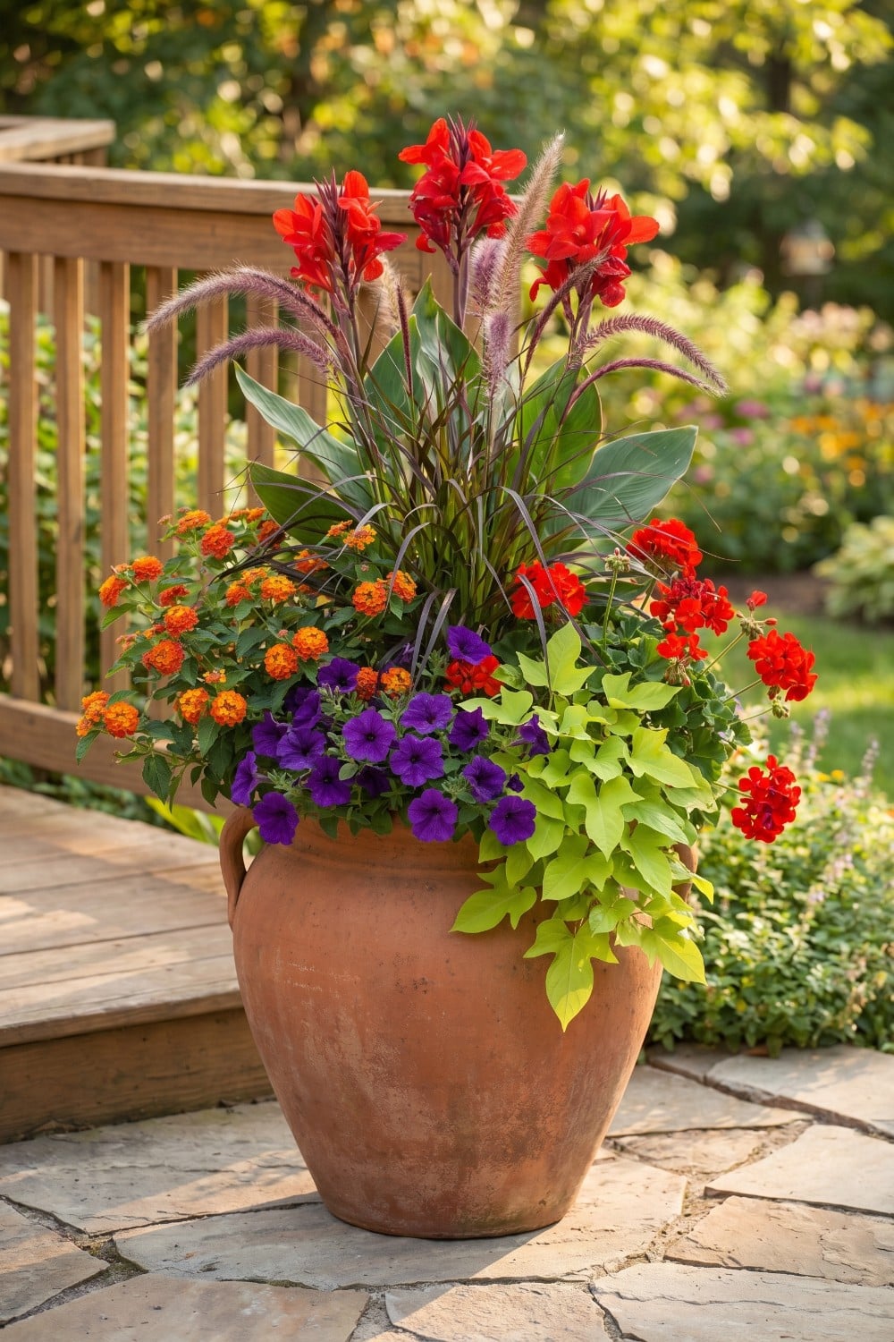 Patio flowers with purple petunias in a clay urn