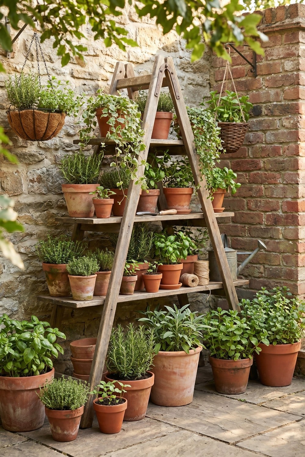 Patio herb garden on rustic wooden ladder