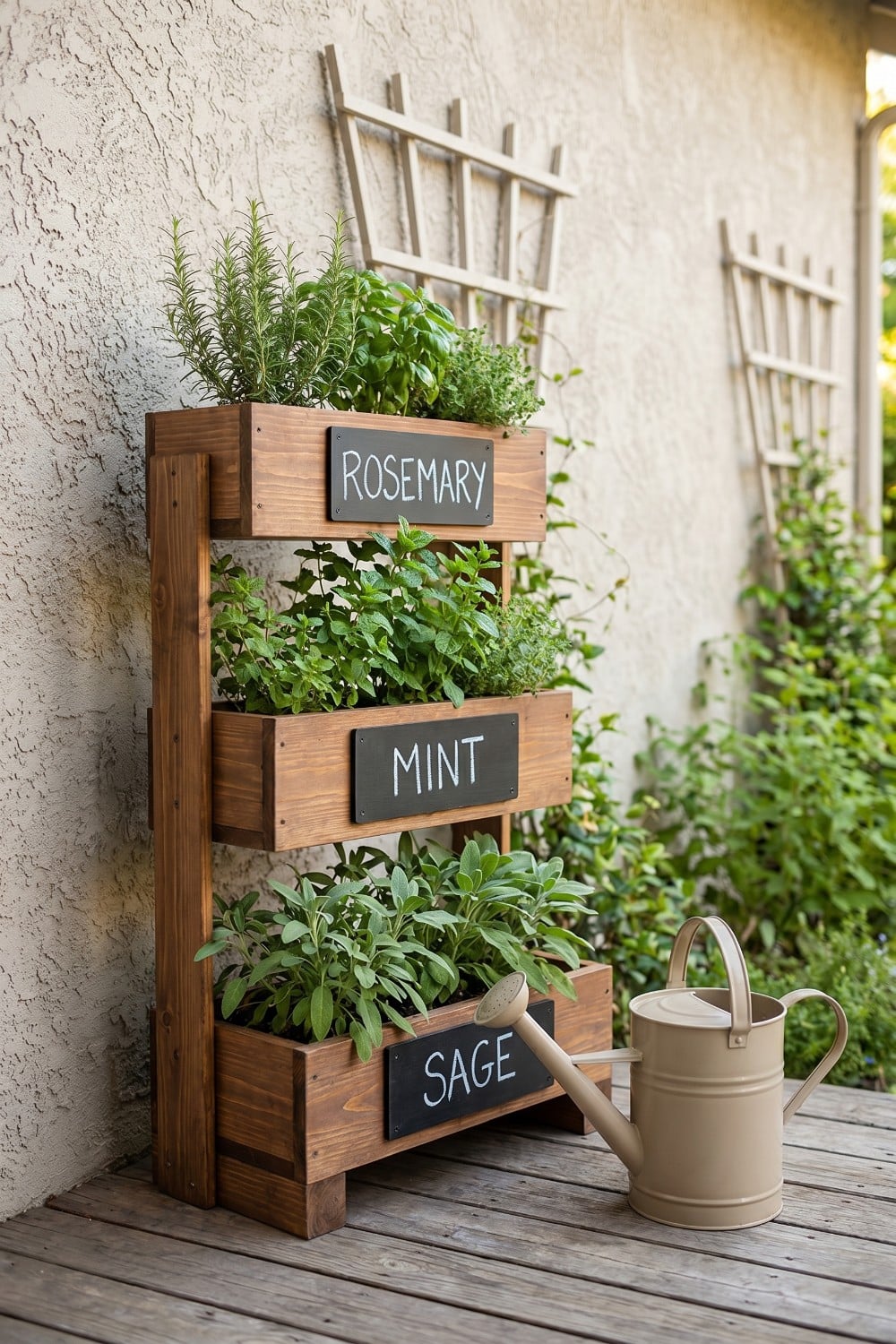 Tiered patio herb garden with chalkboard labels