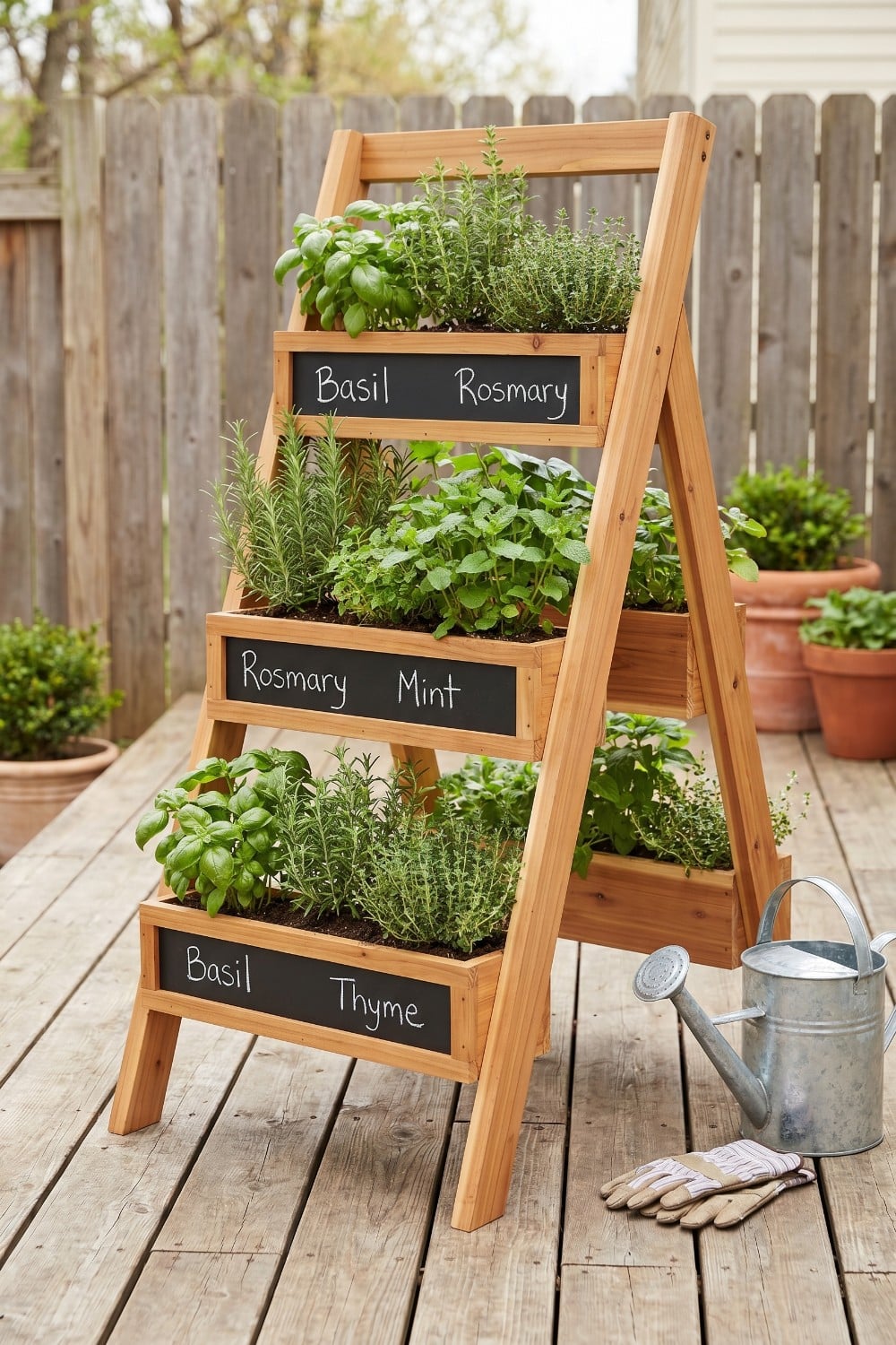 Patio herb garden with galvanized watering can
