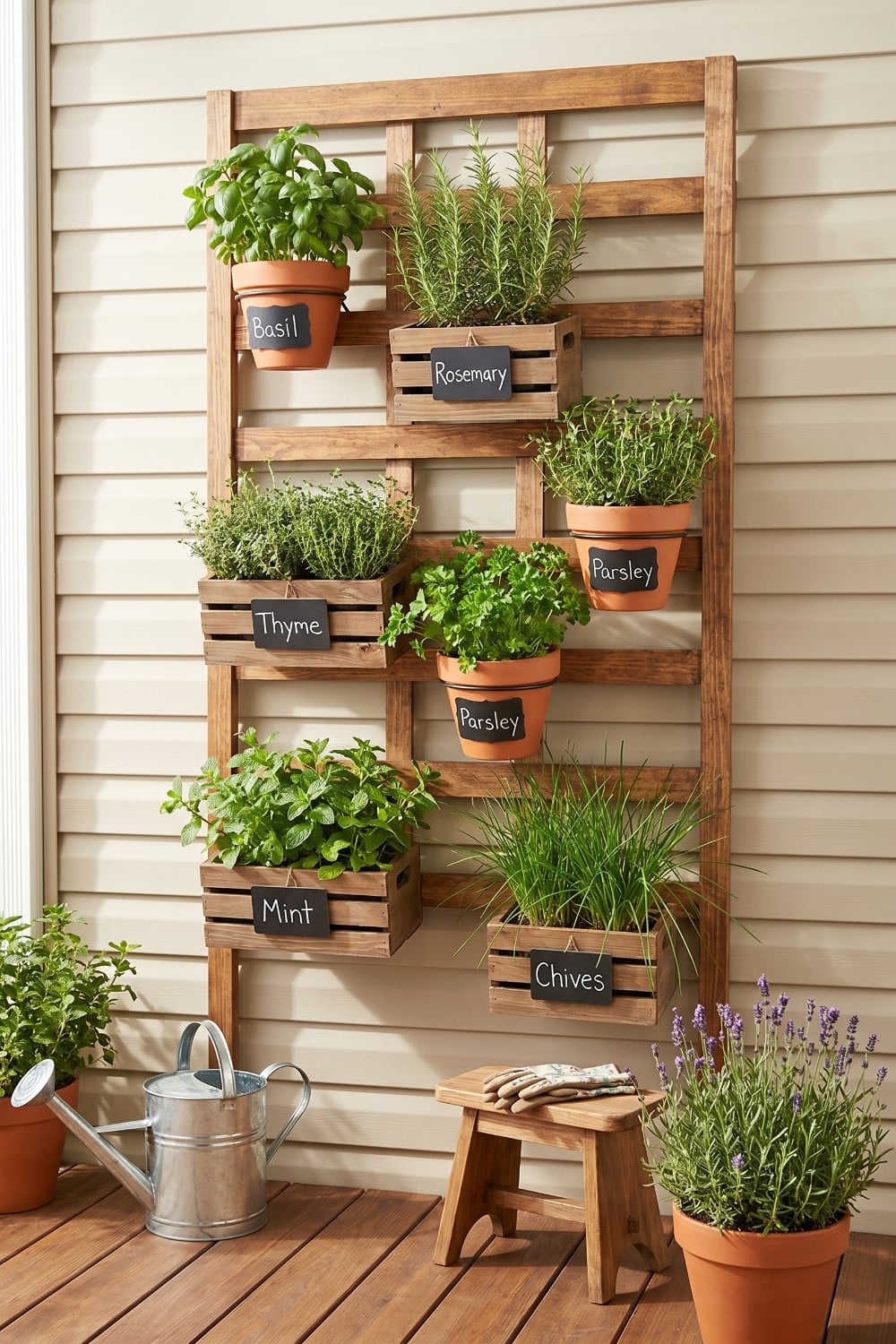 Vertical patio herb garden on wood lattice frame