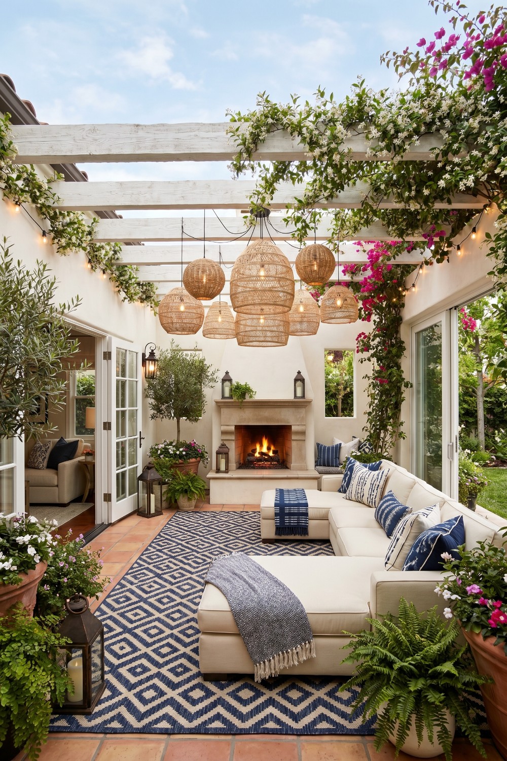 Patio Interior with Woven Pendant Cluster and Fireplace