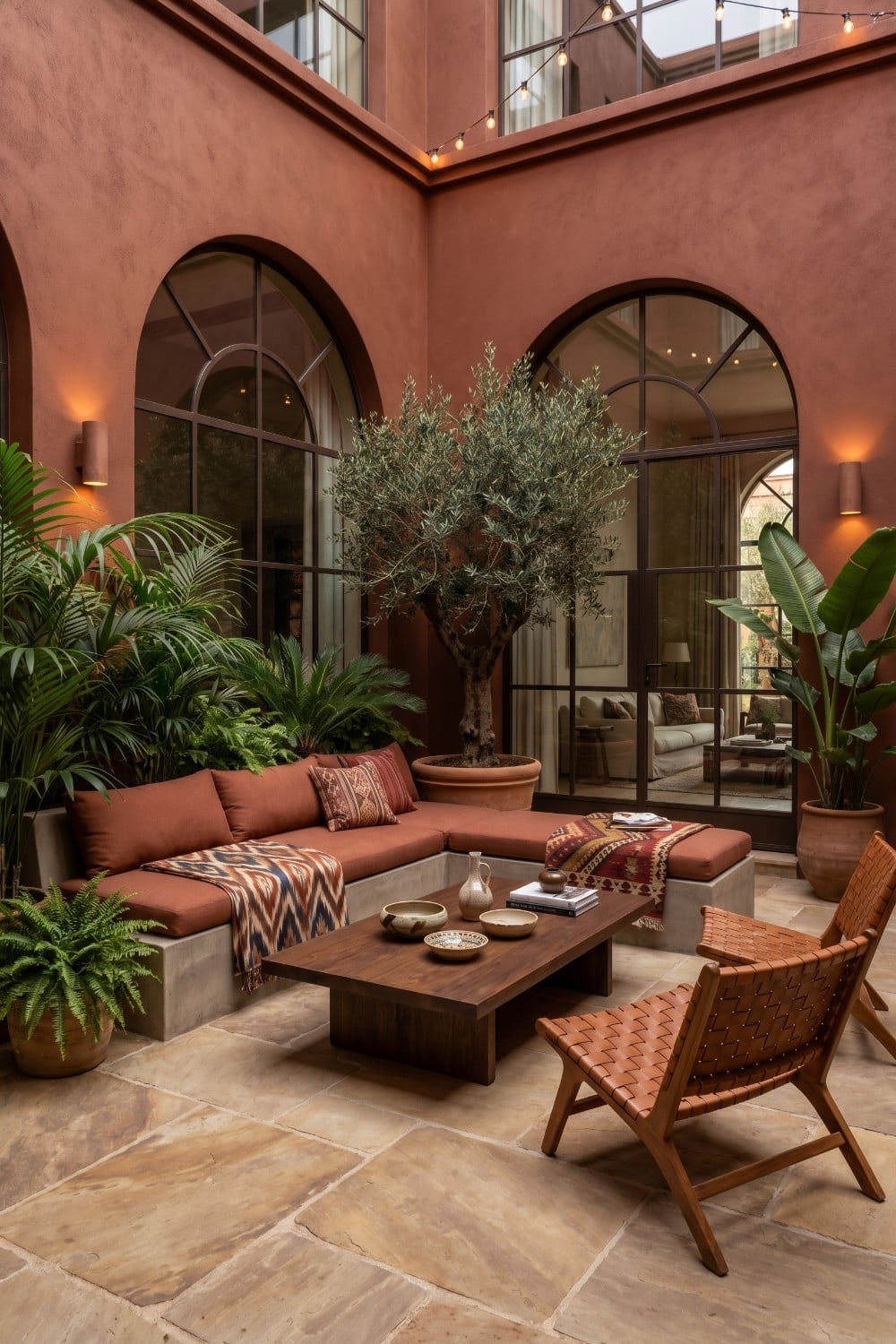 Patio Interior with Arched Windows and Olive Tree