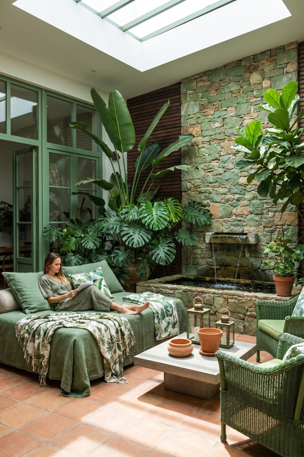 Lush Patio Interior with Stone Water Feature and Skylight