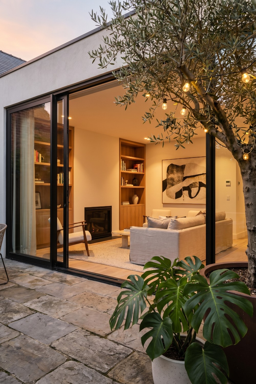 Patio Interior with Sliding Glass Doors and Monstera