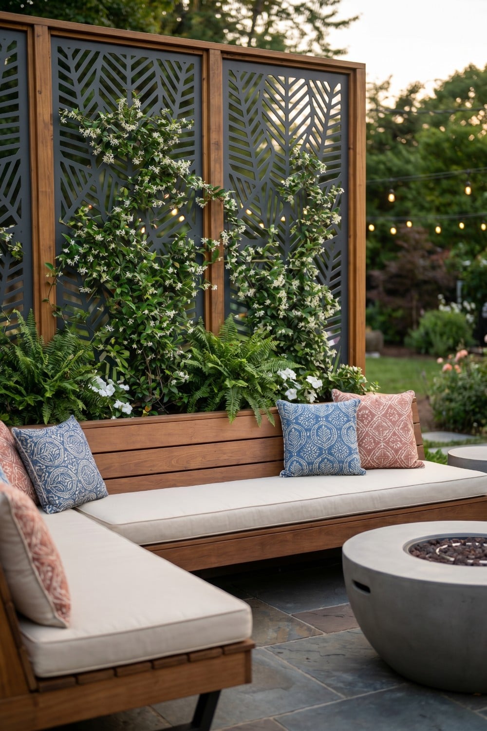 Laser-Cut Patio Privacy Panels and Lush Ferns