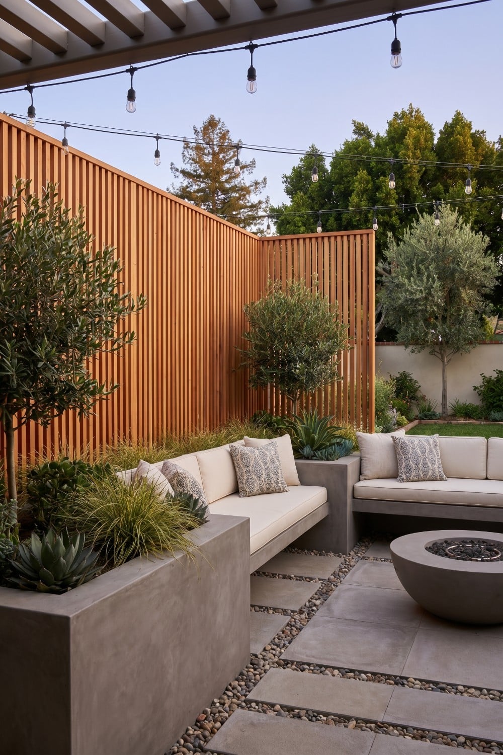Vertical Cedar Patio Privacy and Olive Trees