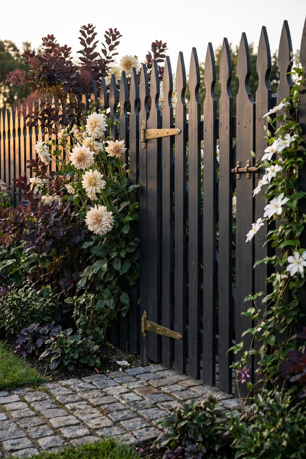 Charcoal front yard picket fence and cream dahlias