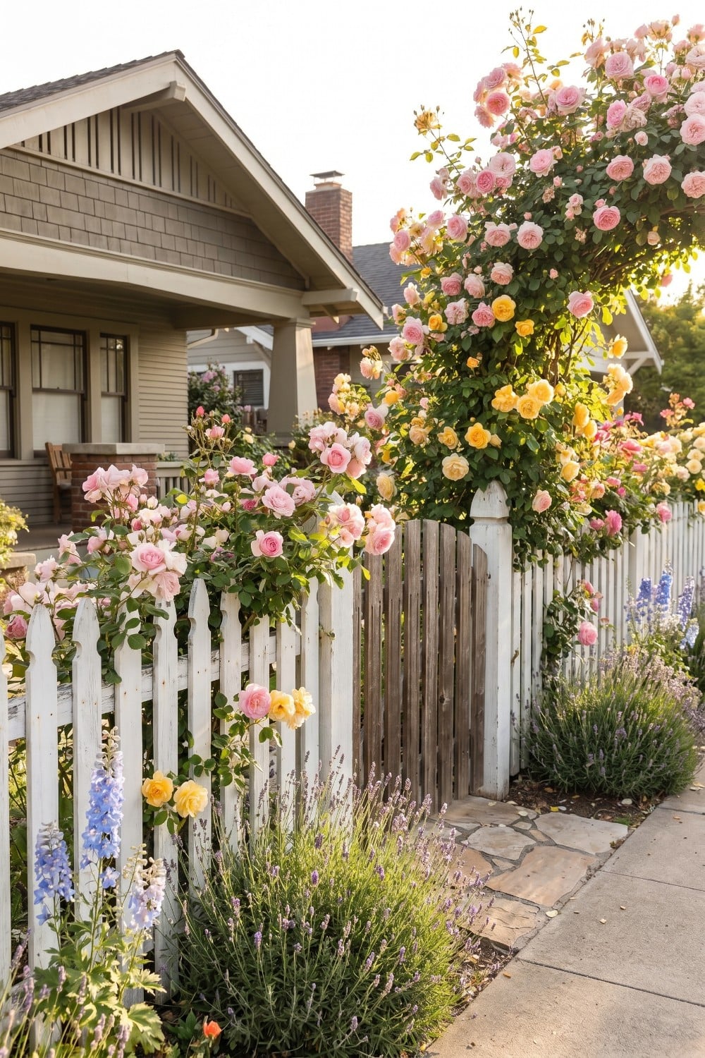 White garden pickets with climbing roses