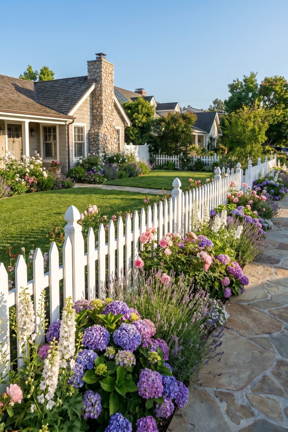 Front yard picket fence and flagstone walkway