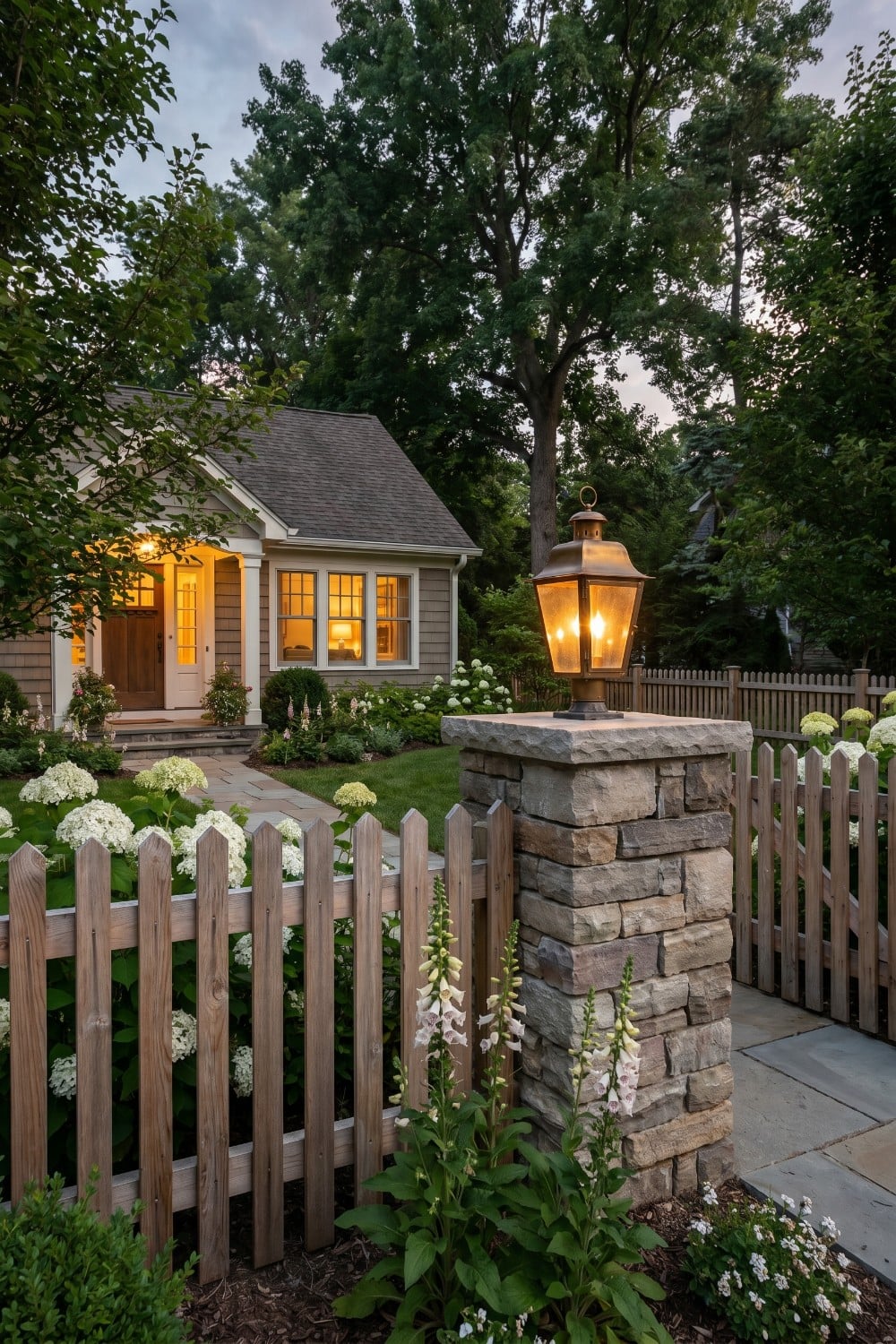 Natural cedar fence with stone pillar accents