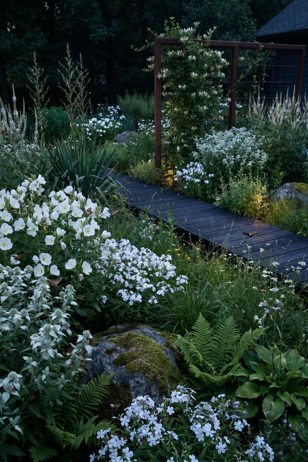 Pollinator garden with white flowers and dark boardwalk