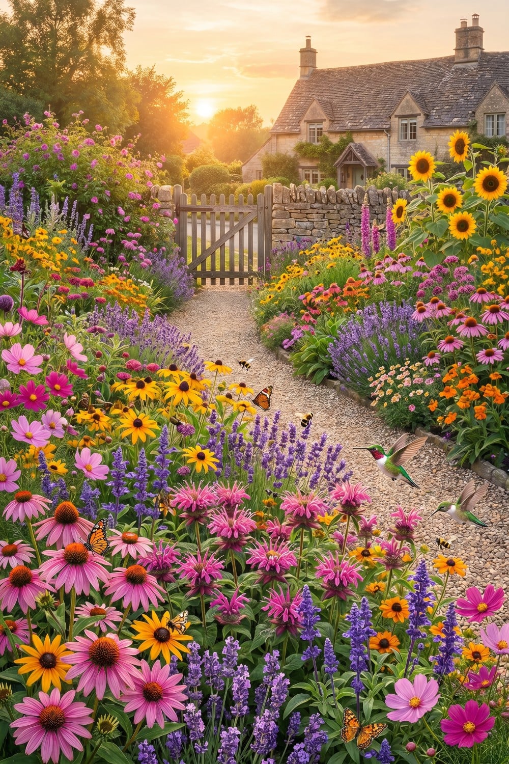 Lush pollinator garden with a rustic wooden gate