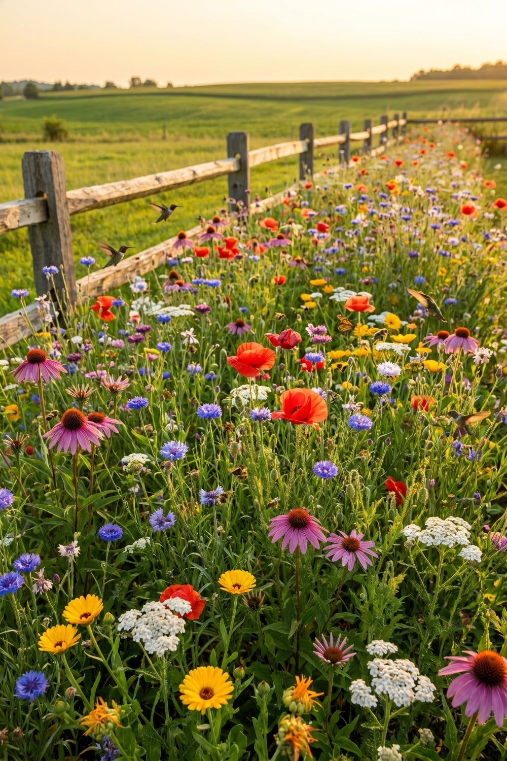 Wildflower pollinator garden along a split rail fence