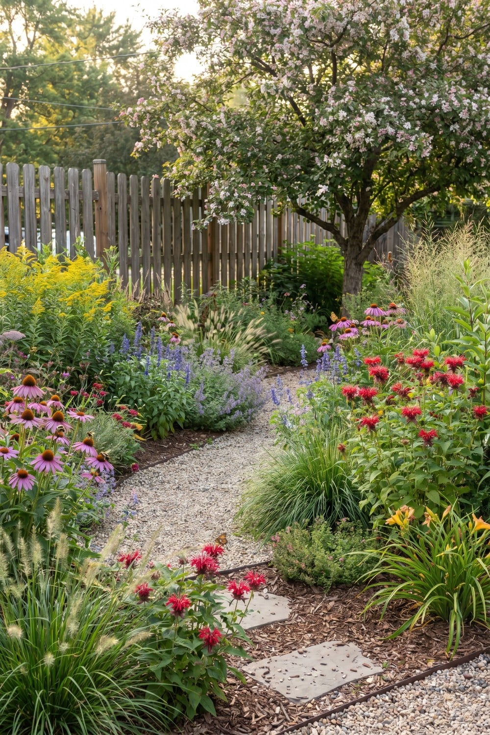 Vibrant pollinator garden with red bee balm and coneflowers