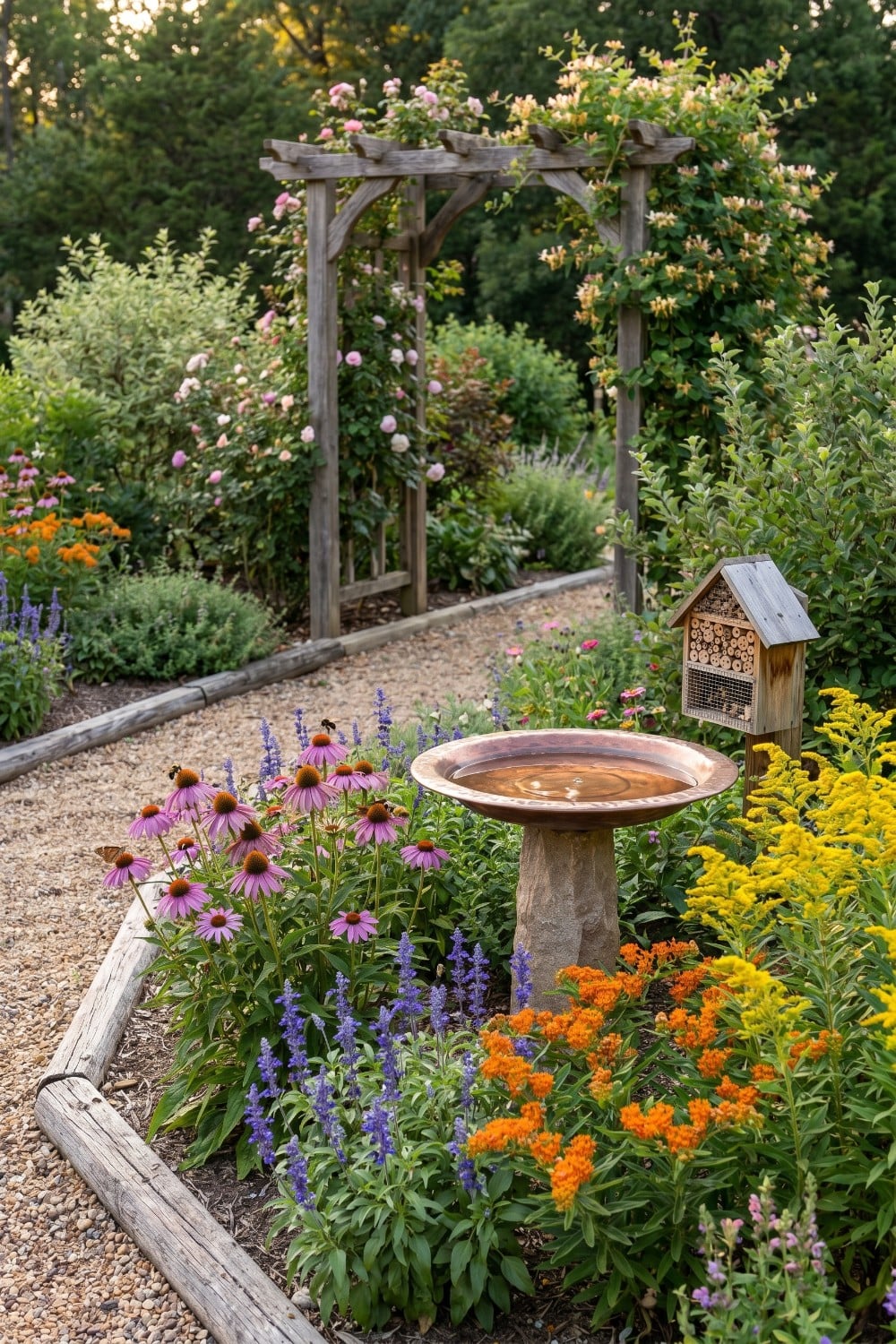 Pollinator garden with copper birdbath and bee hotel