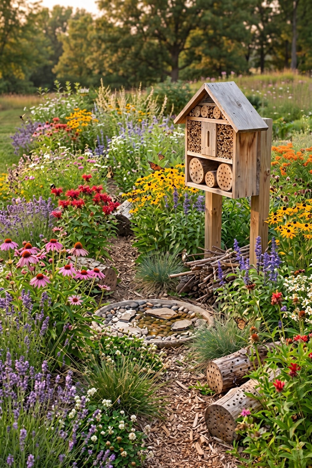 Puddling dish and log nests in a pollinator garden