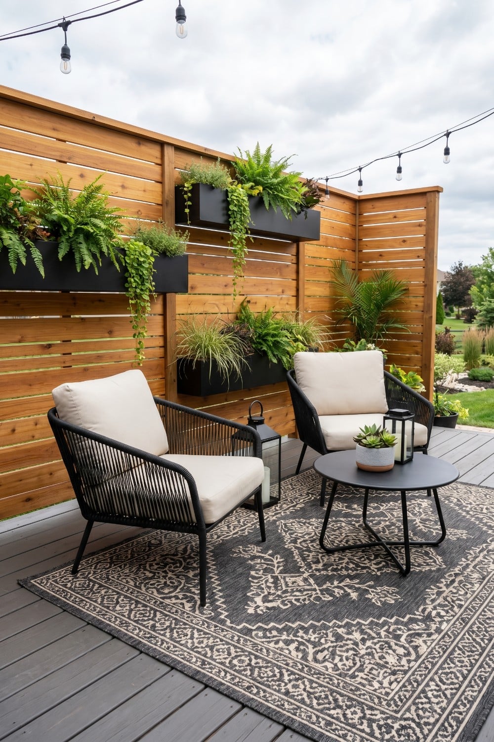 Horizontal Wood Privacy Fence on Deck with Ferns