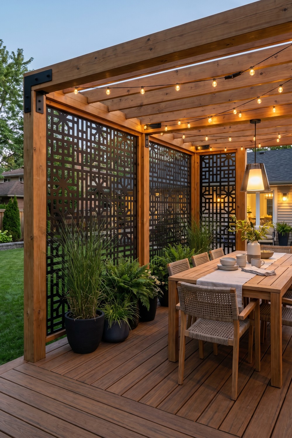 Laser Cut Privacy Fence on Deck with Pergola