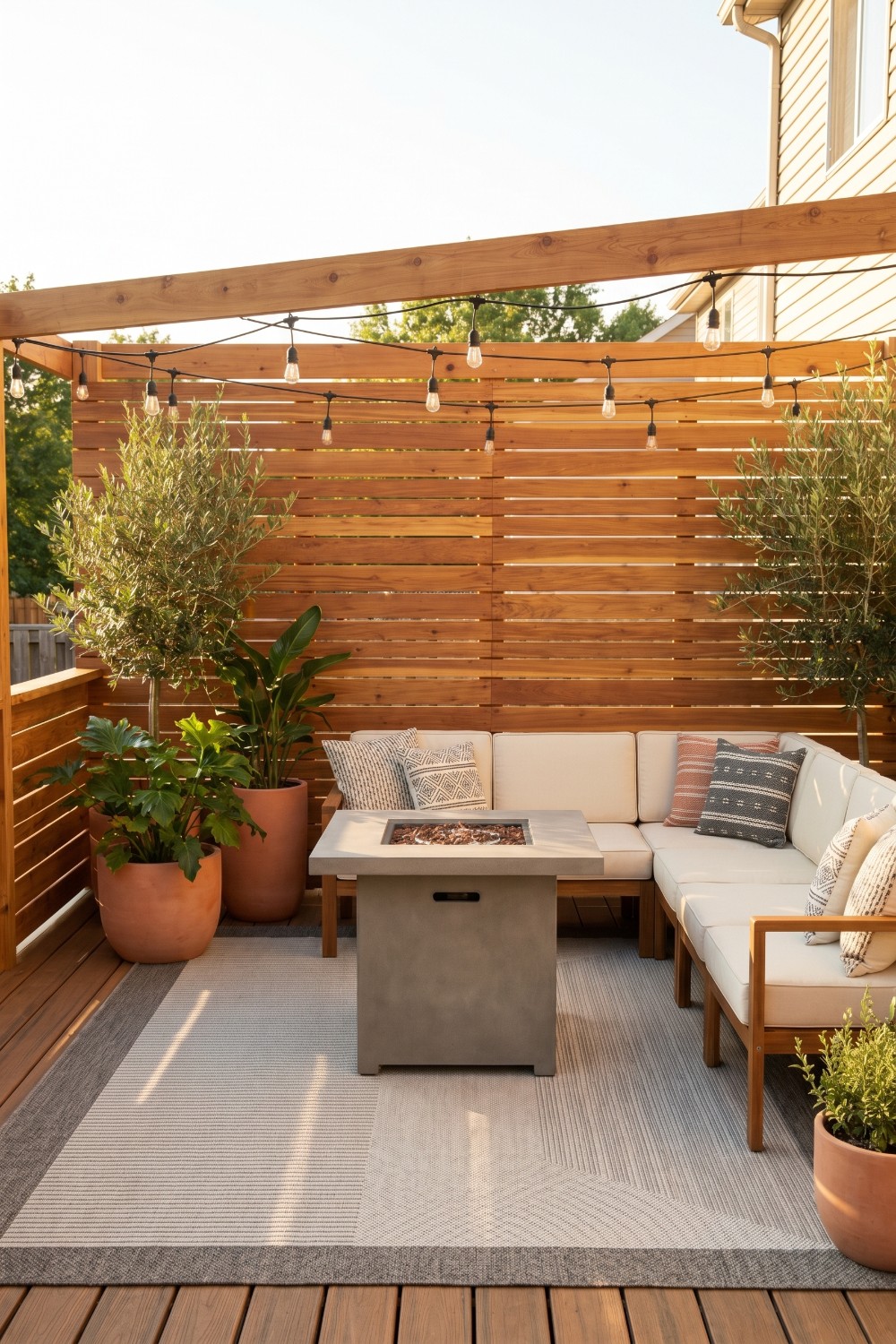 Privacy Fence on Deck with Warm String Lights