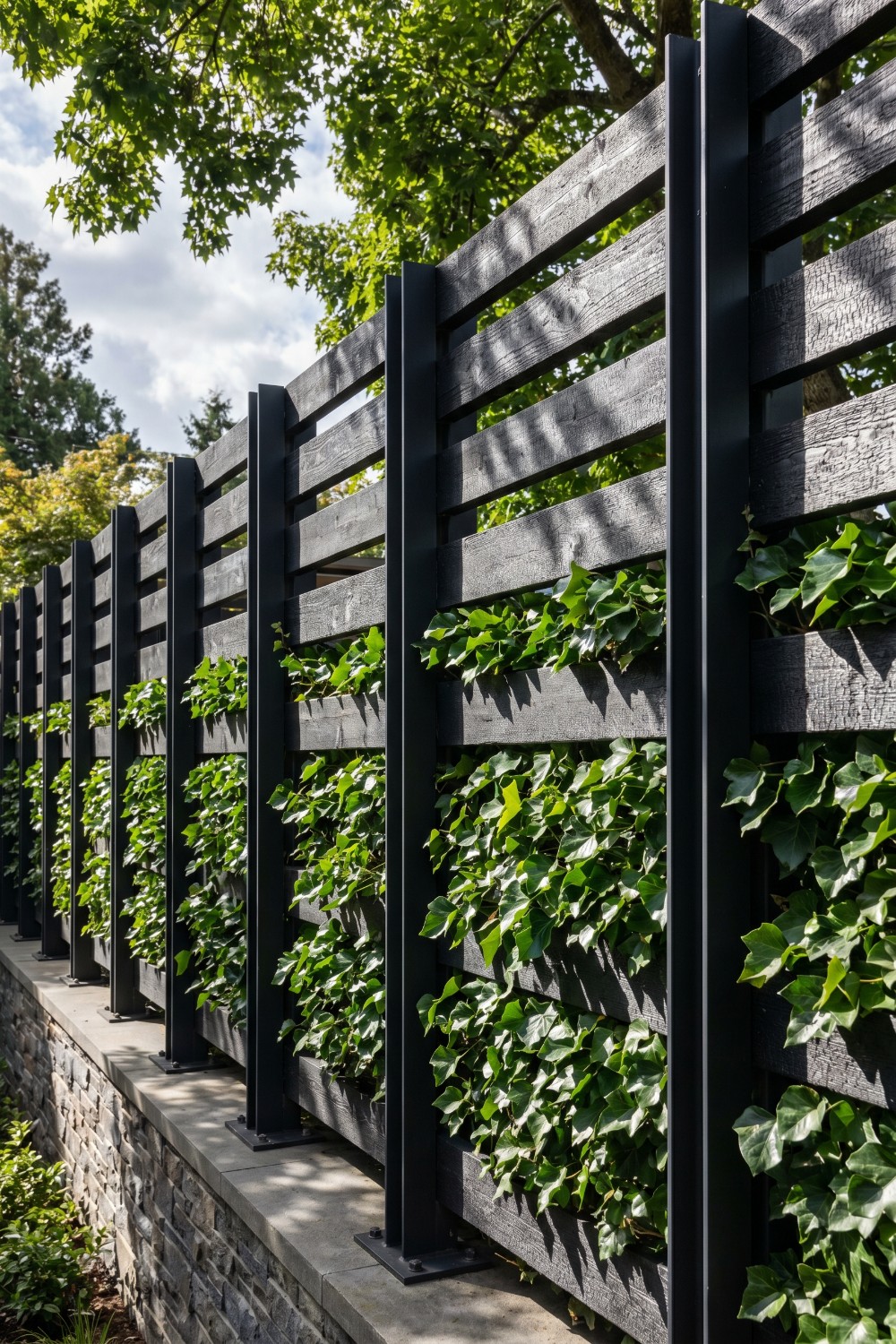 Black privacy trellis along fence with climbing ivy