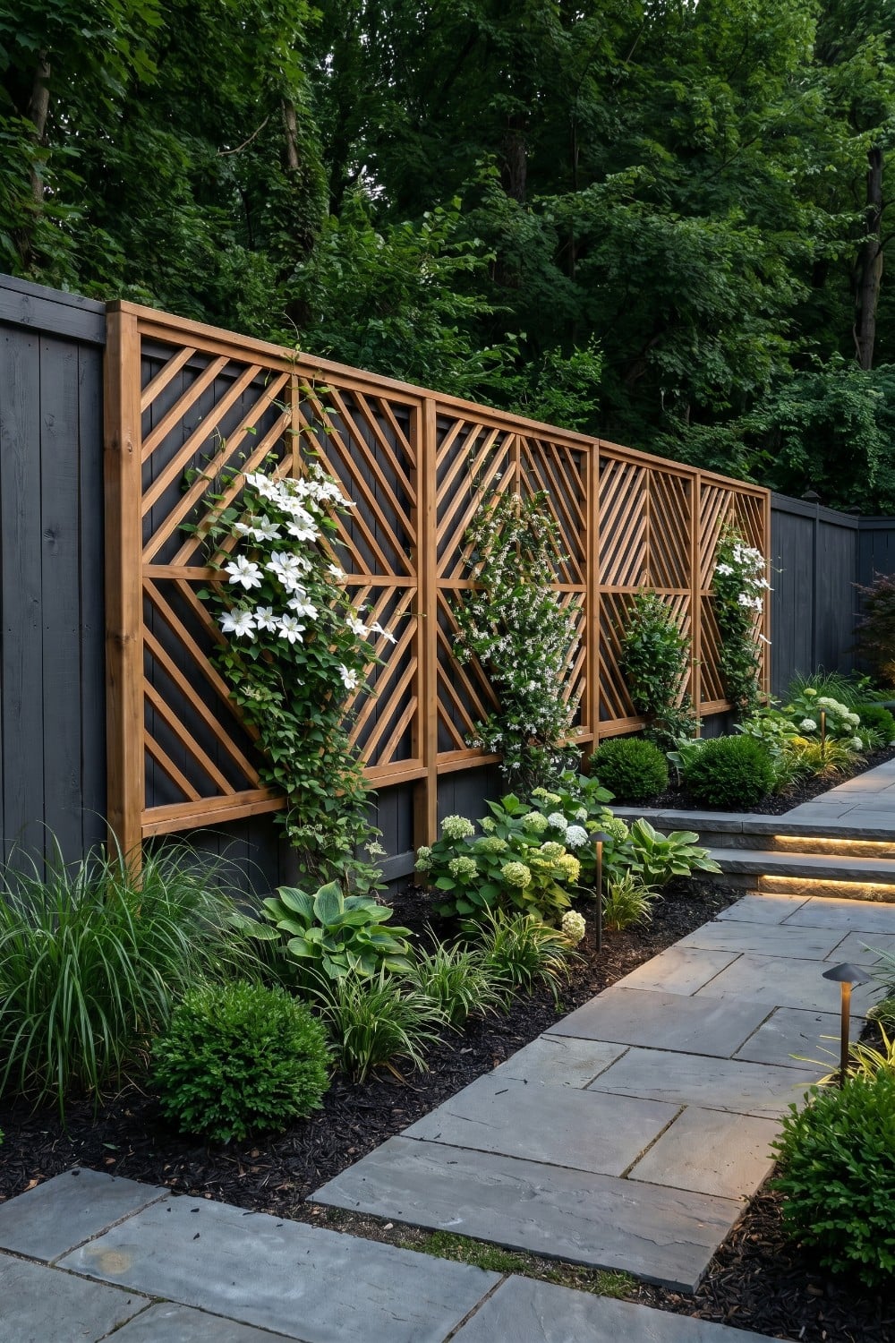Geometric Wood Screens and White Flowers Along Fence