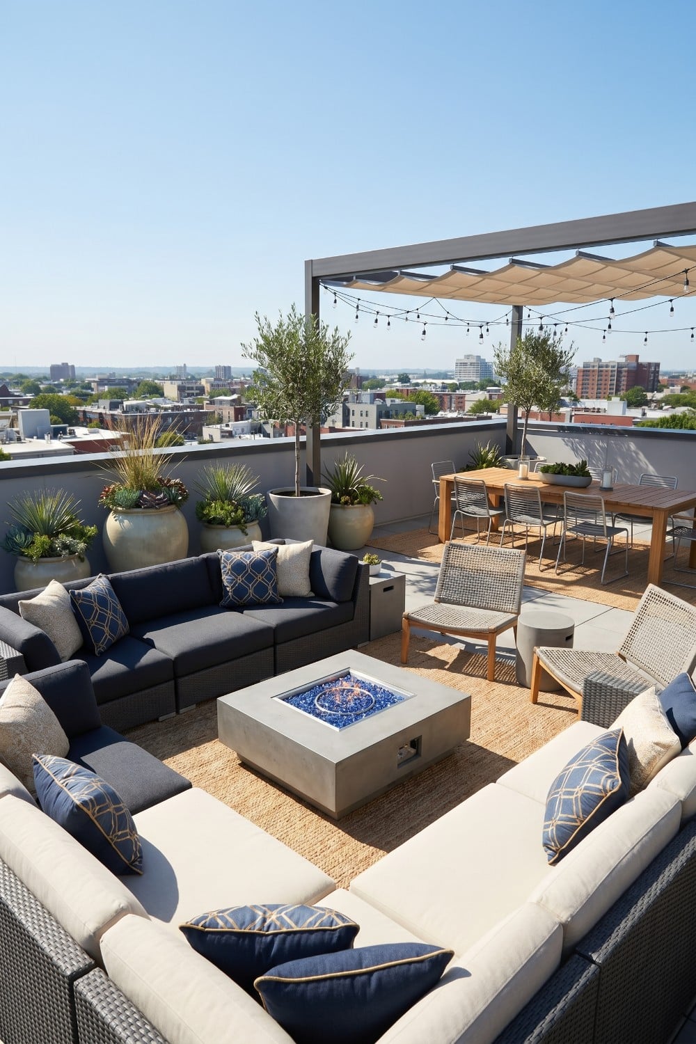 Rooftop Patio with Navy Sectional and Blue Fire Pit
