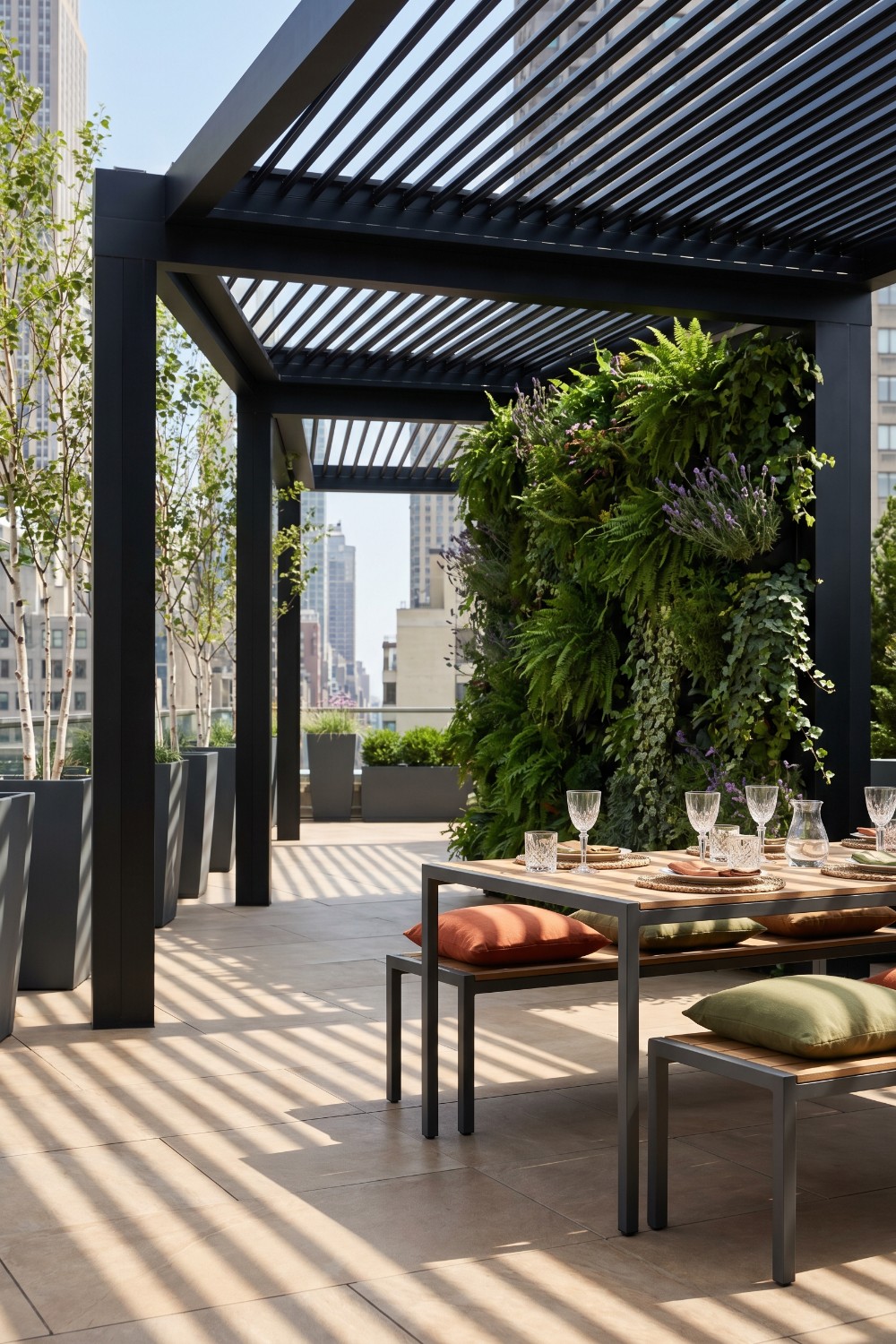 Rooftop Patio with Louvered Pergola and Living Wall