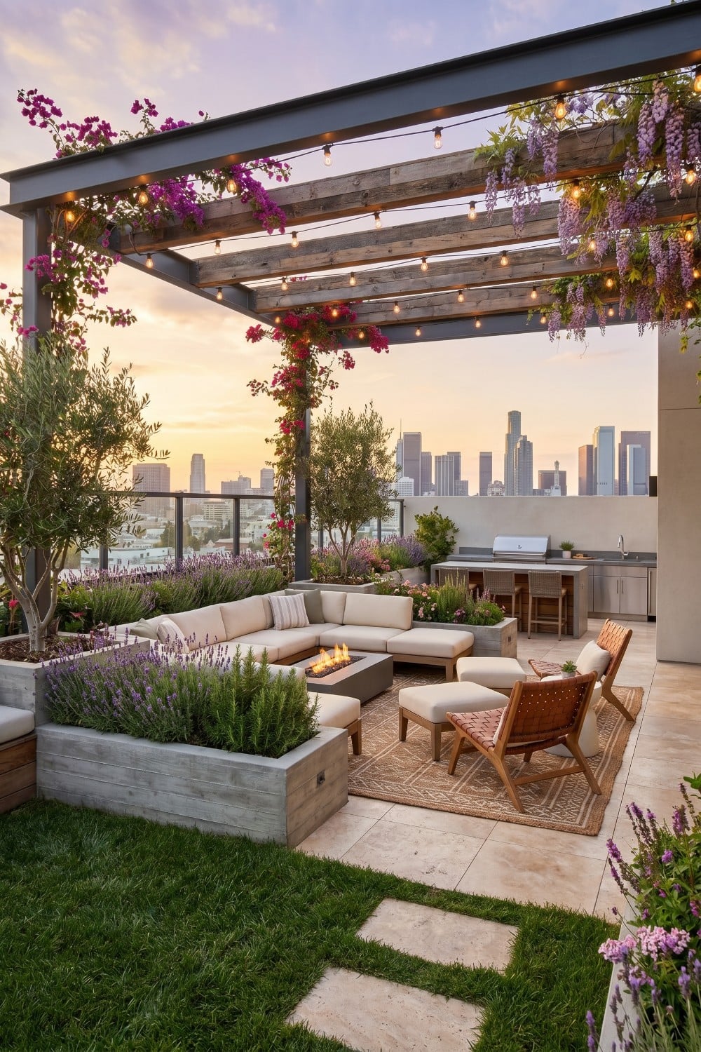Rooftop Patio with Floral Pergola and City Views