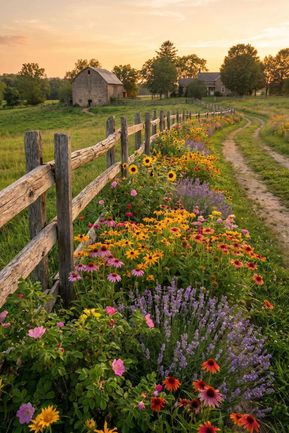 Rustic fence along a country living wildflower path