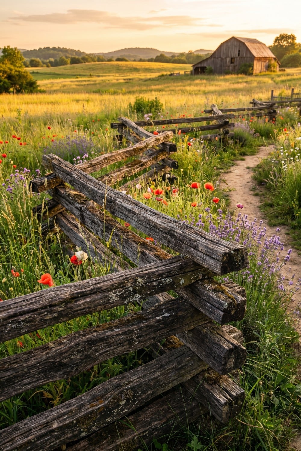 Split-rail rustic fence in golden country living meadows