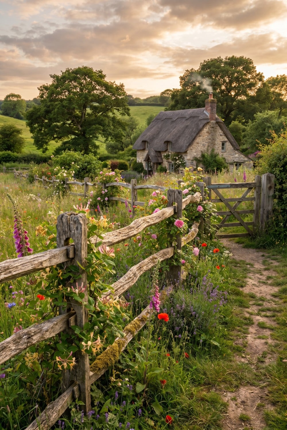 Weathered rustic fence and country living garden gate