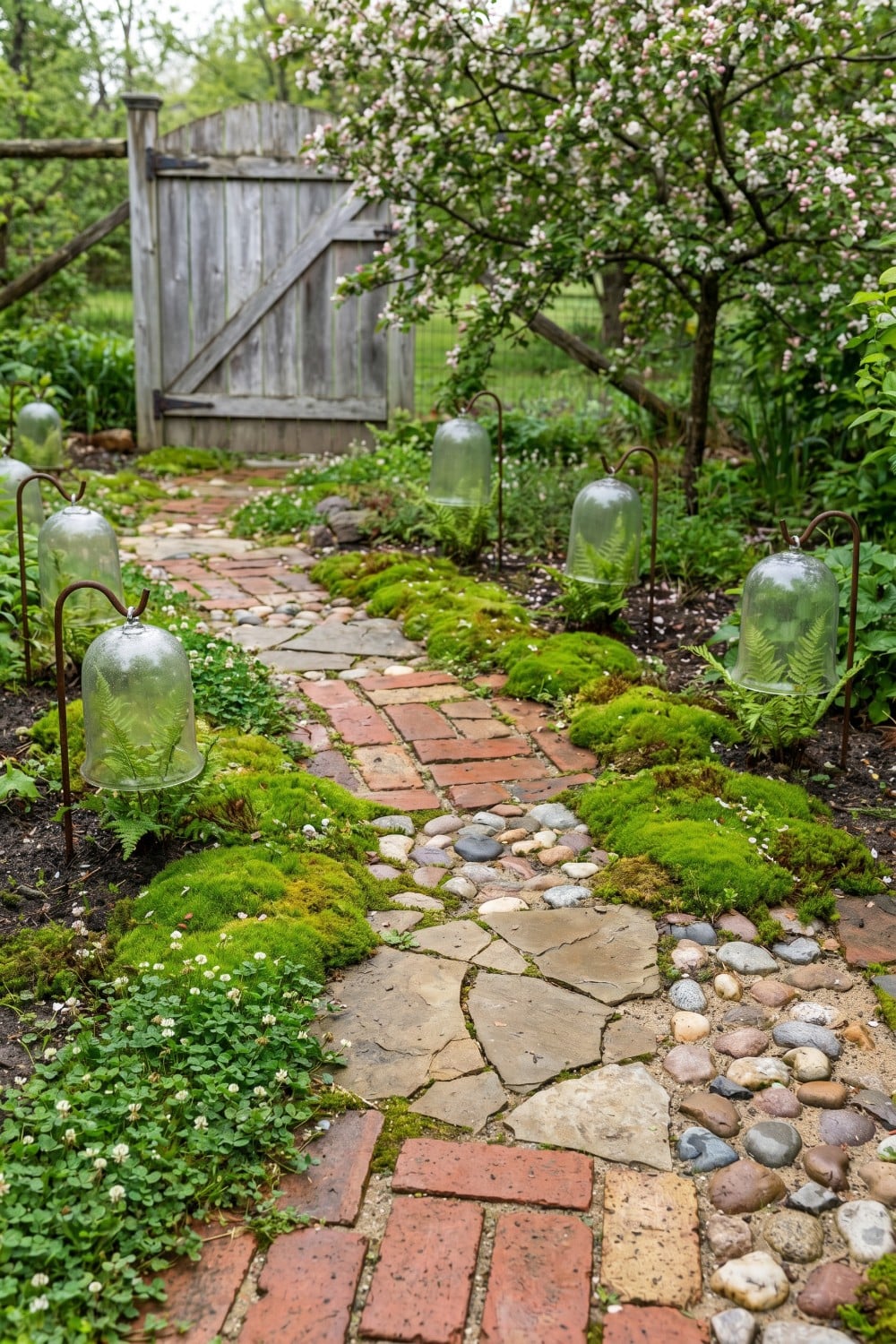 Glass cloches and patchwork brick path rustic yard