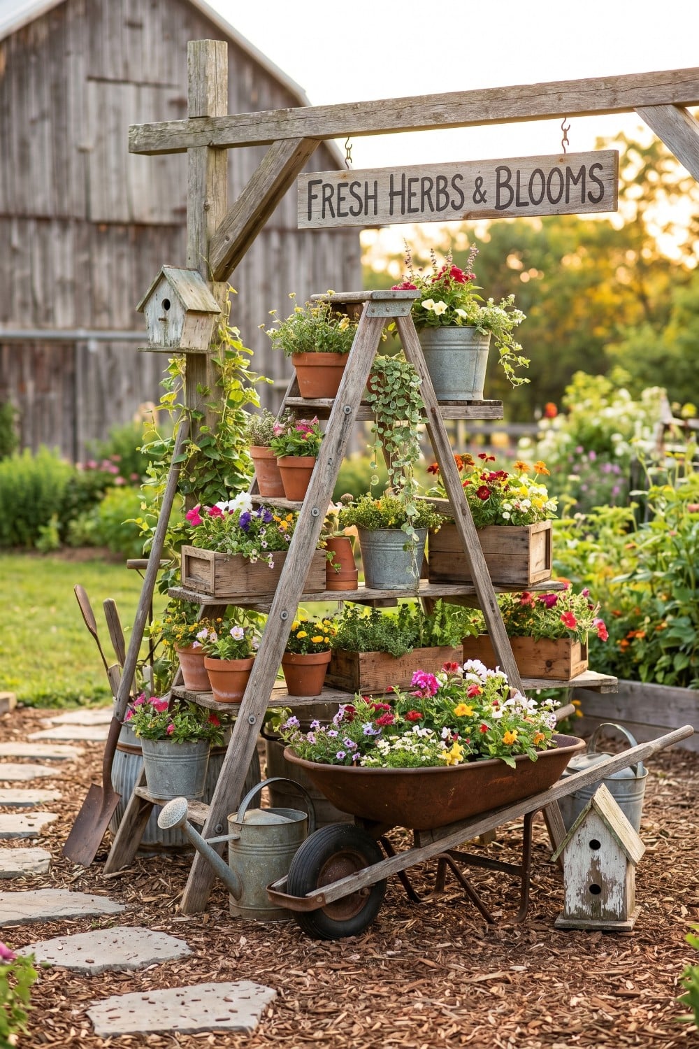 Repurposed ladder and wheelbarrow in a rustic yard