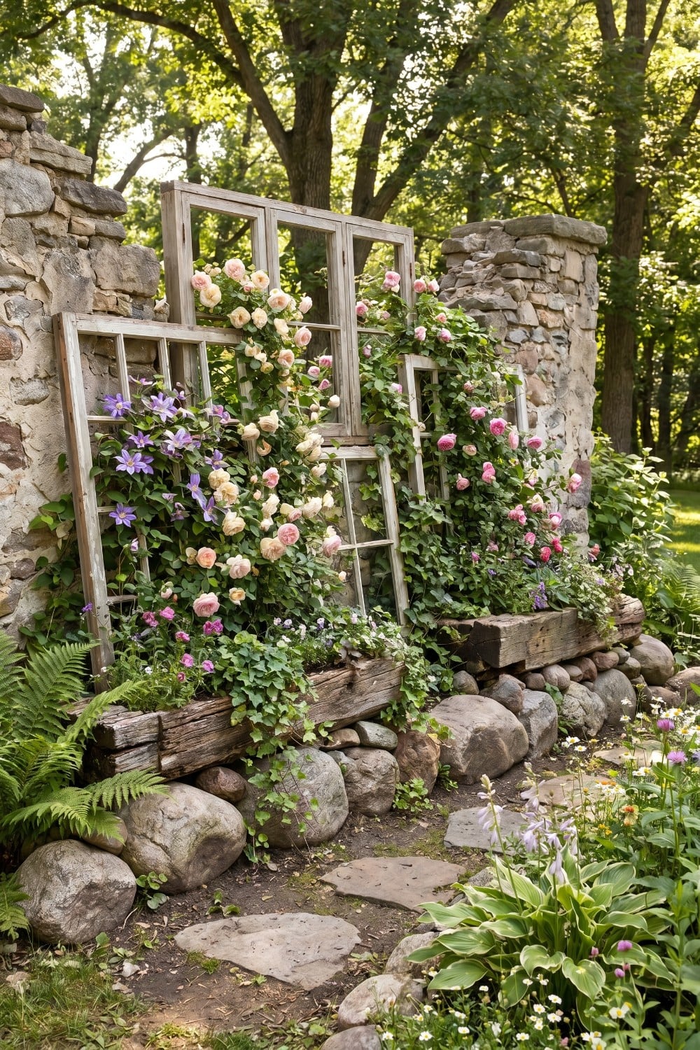 Climbing roses on vintage windows in a rustic yard
