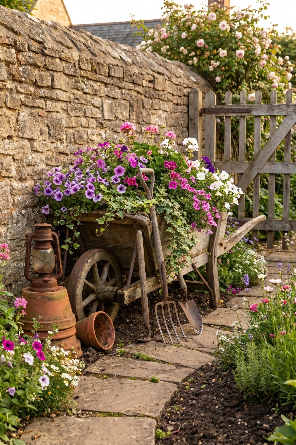 Floral wheelbarrow and stone wall in rustic yard