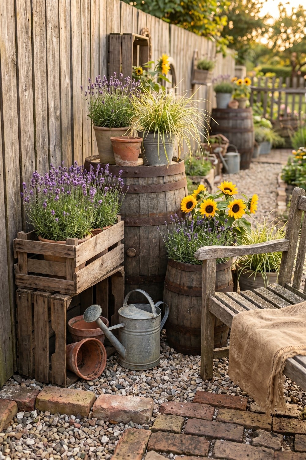 Stacked crates and lavender barrels in rustic yard
