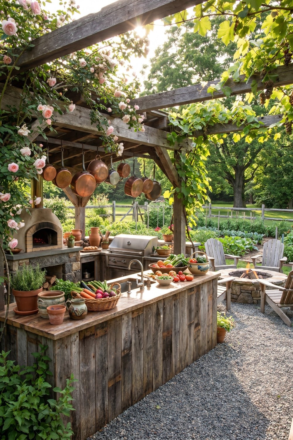 Hanging copper pots in a rustic yard kitchen