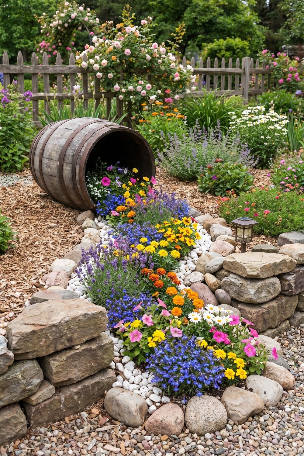 Spilling flower barrel in a rustic yard