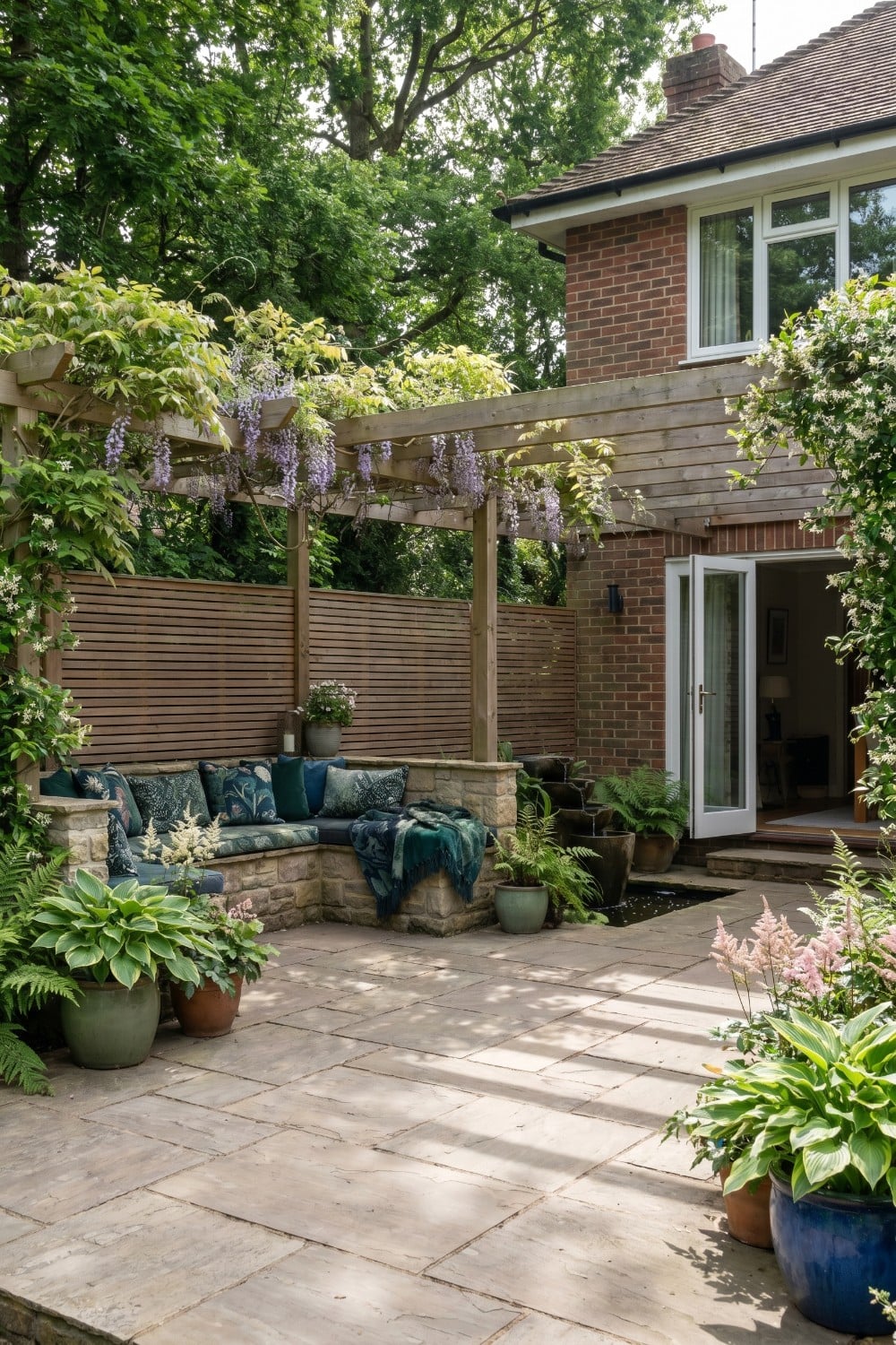 Shady patio with wisteria and stone corner bench